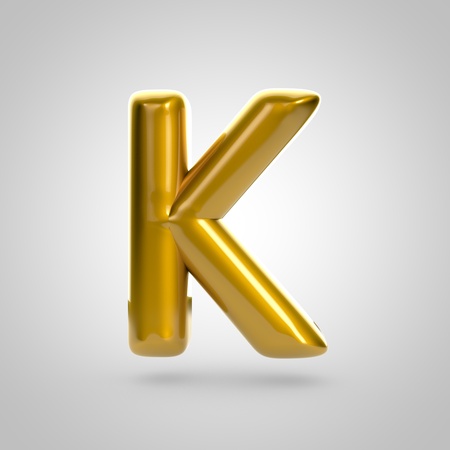 Metallic paint golden letter K uppercase. 3D rendering font with glint and lights reflections isolated on white background.の写真素材