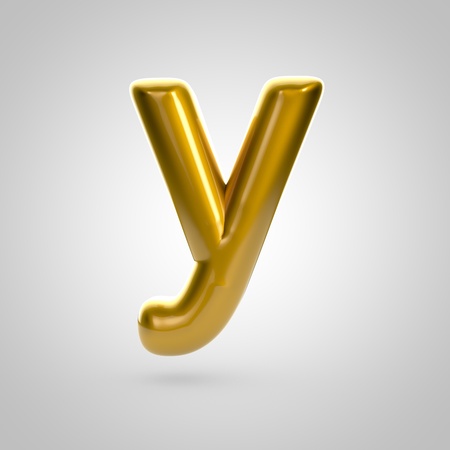 Metallic paint golden letter Y lowercase. 3D rendering font with glint and lights reflections isolated on white background.の写真素材