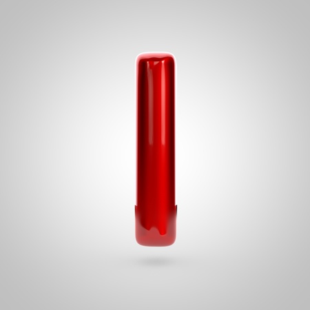 Metallic paint red letter L lowercase. 3D rendering font with glint and lights reflections isolated on white background.の写真素材