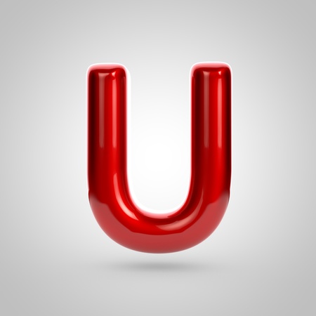 Metallic paint red letter U uppercase. 3D rendering font with glint and lights reflections isolated on white background.の写真素材