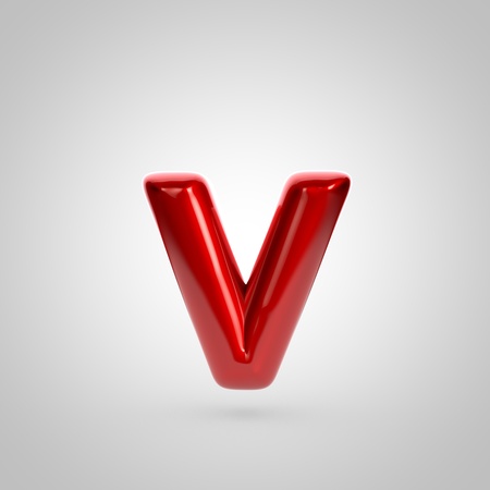 Metallic paint red letter V lowercase. 3D rendering font with glint and lights reflections isolated on white background.の写真素材