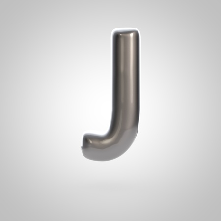 Metallic paint silver letter J uppercase. 3D rendering font with glint and lights reflections isolated on white background.の写真素材
