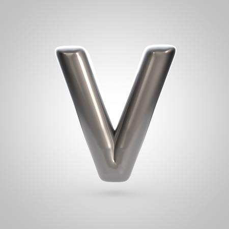 Metallic paint silver letter V uppercase. 3D rendering font with glint and lights reflections isolated on white background.の写真素材