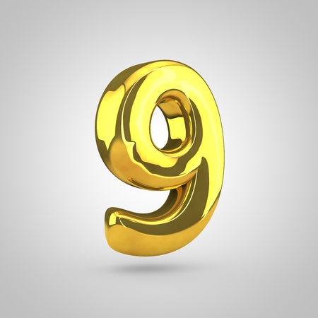 Golden number 9. 3D rendering of golden twisted font isolated on white background.の写真素材
