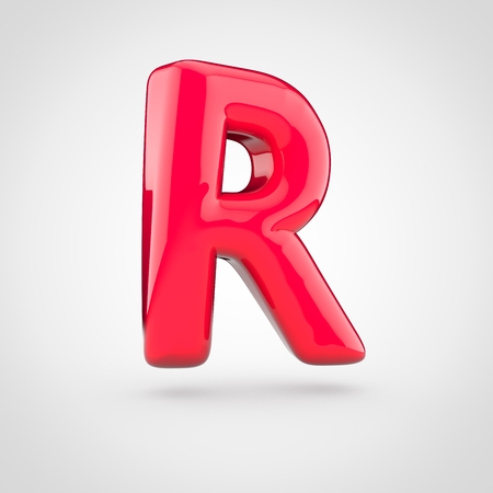 Glossy pink paint letter R uppercase. 3D render of bubble twisted font with glint isolated on white background.の写真素材