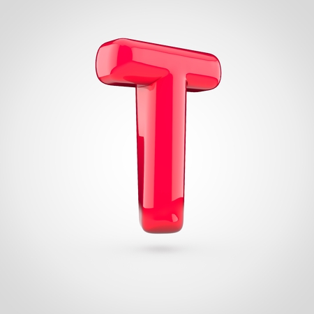 Glossy pink paint letter T uppercase. 3D render of bubble twisted font with glint isolated on white background.の写真素材