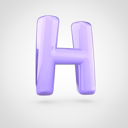Glossy violet paint letter H uppercase. 3D render of bubble twisted font with glint isolated on white background.の写真素材