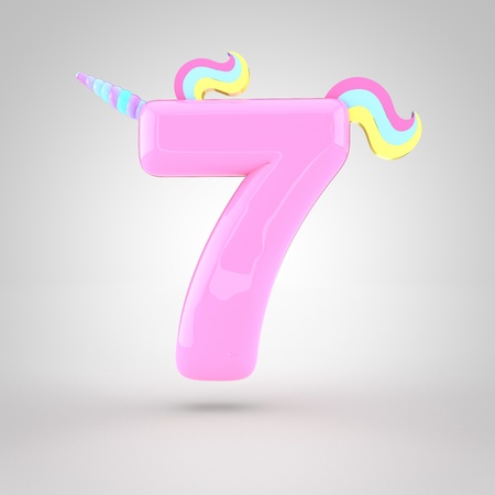 Cute unicorn pink number 7 with different colors horn, mane and tail. 3D render of bubble font with glint isolated on white background.の写真素材