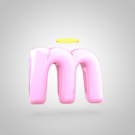 Cute angelic pink letter M lowercase. 3D render of bubble font with glint isolated on white background.の写真素材