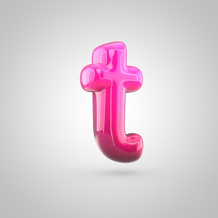 Glossy red and pink gradient paint alphabet letter T lowercase. 3D render of bubble twisted font with glint isolated on white background.の写真素材