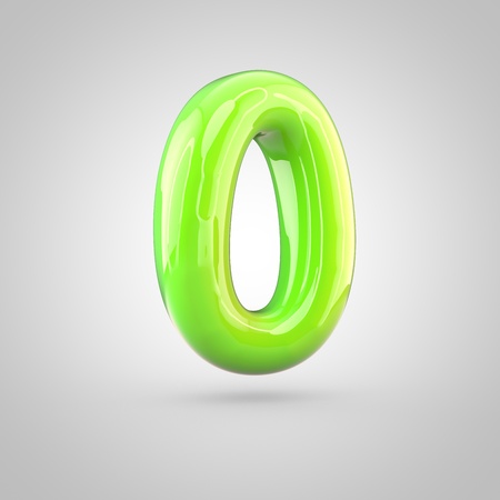 Glossy lime paint alphabet number 0. 3D render of bubble twisted font with glint and ring light reflections isolated on white background.の写真素材