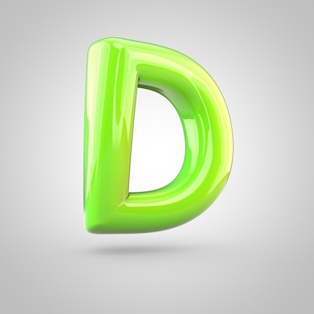 Glossy lime paint alphabet letter D uppercase. 3D render of bubble twisted font with glint and ring light reflections isolated on white background.の写真素材