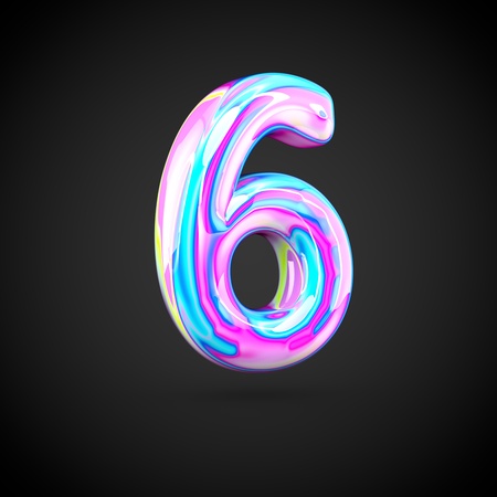 Glossy holographic number 6. 3D render of holographic font isolated on black background.の写真素材