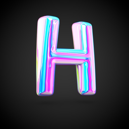 Glossy holographic alphabet letter H uppercase. 3D render of holographic font isolated on black background.の写真素材