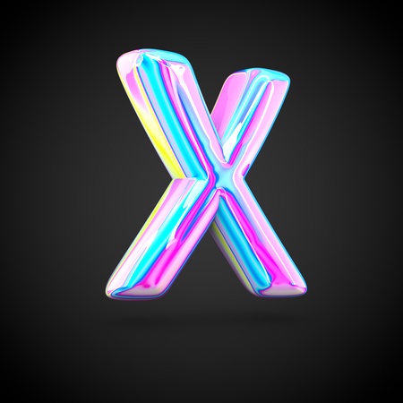 Glossy holographic alphabet letter X uppercase. 3D render of holographic font isolated on black background.の写真素材