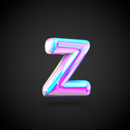 Glossy holographic alphabet letter Z lowercase. 3D render of holographic font isolated on black background.の写真素材
