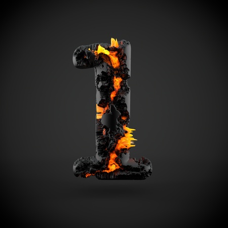 Volcanic alphabet number 1. 3D render of volcanic font with lava isolated on black background.の写真素材