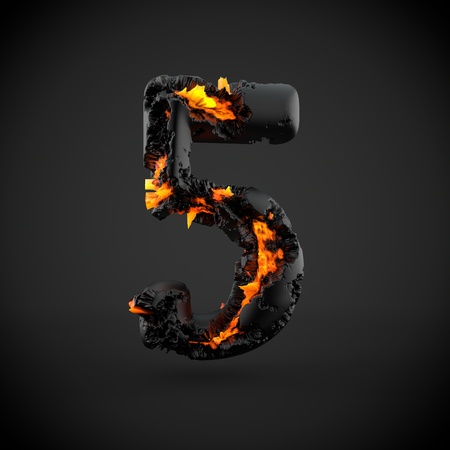 Volcanic alphabet number 5. 3D render of volcanic font with lava isolated on black background.の写真素材