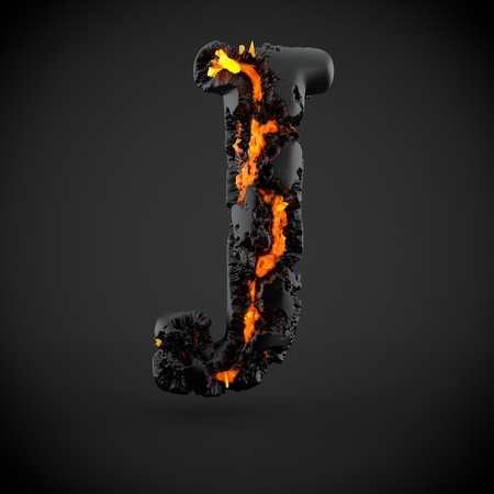 Volcanic alphabet letter J uppercase. 3D render of volcanic font with burning lava isolated on black background.の写真素材