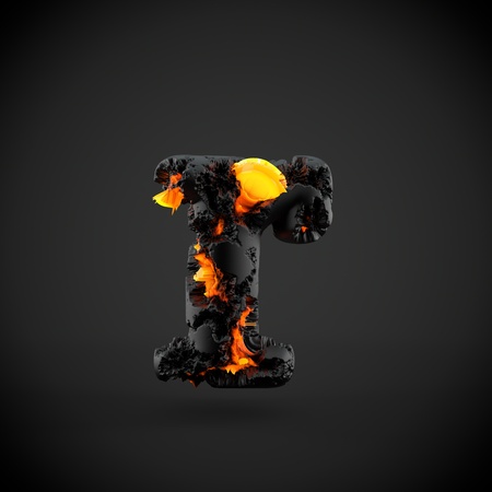 Volcanic alphabet letter R lowercase. 3D render of volcanic font with burning lava isolated on black background.の写真素材