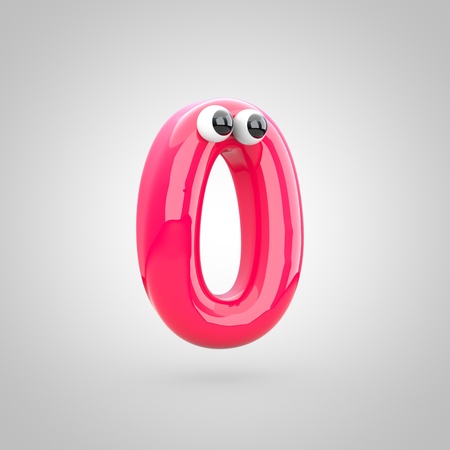 Funny pink number 0 with eyes. 3D render of bubble font with glint isolated on white background.の写真素材