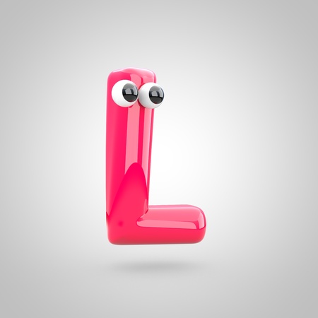 Funny pink letter L uppercase with eyes. 3D render of bubble font with glint isolated on white background.の写真素材