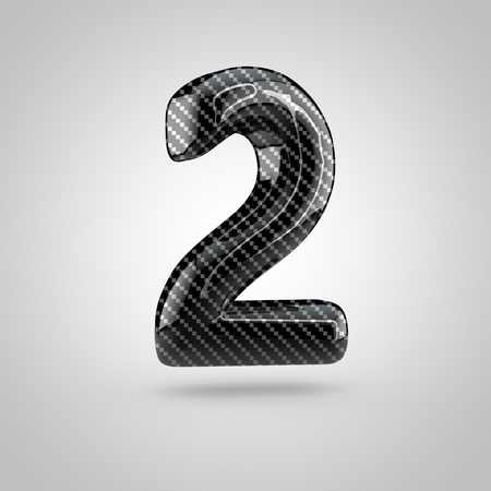 Black carbon number 2. 3D rendering font with glint and light reflections isolated on white background.の写真素材