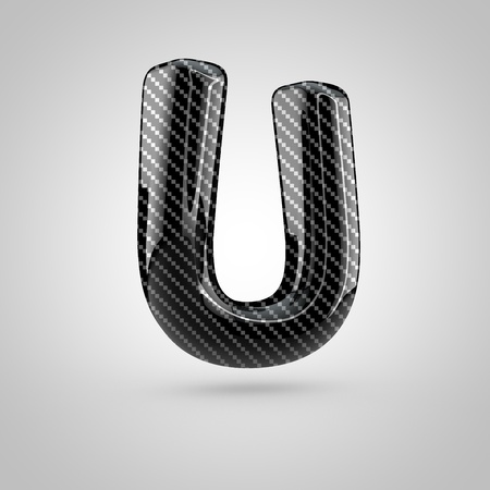 Black carbon letter U uppercase. 3D rendering font with glint and light reflections isolated on white background.の写真素材