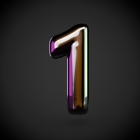 Glossy black number 1. 3D rendering font with glint and colored lights reflections isolated on white background.の写真素材