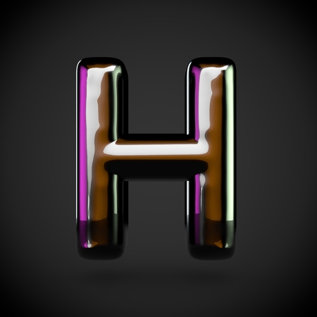 Glossy black letter H uppercase. 3D rendering font with glint and colored lights reflections isolated on white background.の写真素材