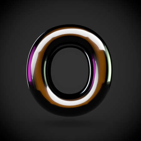 Glossy black letter O uppercase. 3D rendering font with glint and colored lights reflections isolated on white background.の写真素材