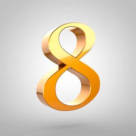 Gold number 8. 3D rendering serif font with tiny fillet and light reflection isolated on white...