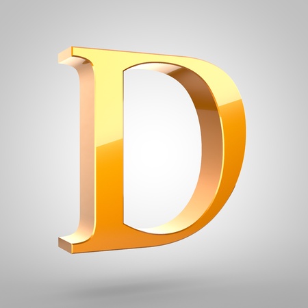 Gold letter D uppercase. 3D rendering serif font with tiny fillet and light reflection isolated on white background.の写真素材