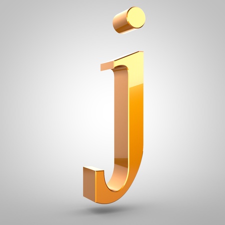 Gold letter J lowercase. 3D rendering serif font with tiny fillet and light reflection isolated on white background.の写真素材