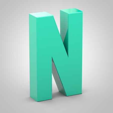 Isometric letter N uppercase. 3D rendering of mint color font with shadow isolated on white background.の写真素材