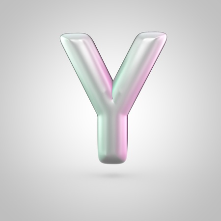 Glossy perl letter Y uppercase. 3D render of bubble font with green with pink light reflections isolated on white background.の写真素材