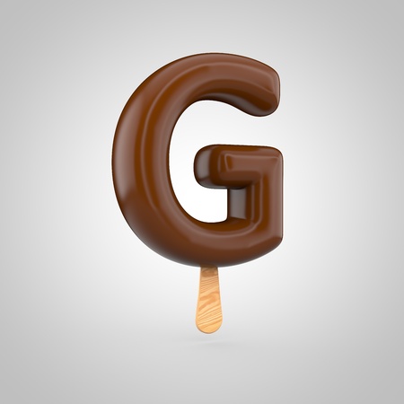 Icecream letter G uppercase. 3D render of chocolate icecream font with wooden stick isolated on white background.の写真素材