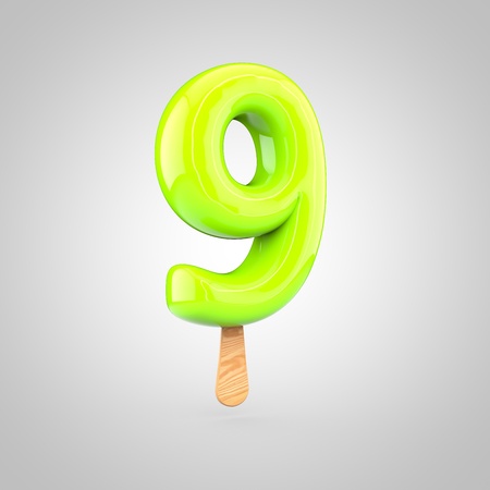 Ice cream number 9. 3D render of fruit juice ice cream font with wooden stick isolated on white background.の写真素材