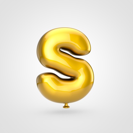 Balloon letter S uppercase. 3D render of glossy golden inflated font with glint isolated on white background.の写真素材
