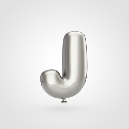 Balloon letter J uppercase. 3D render of glossy silver inflated font with glint isolated on white background.の写真素材