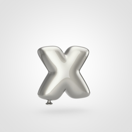 Balloon letter X lowercase. 3D render of glossy silver inflated font with glint isolated on white background.の写真素材