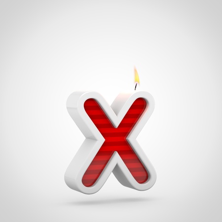 Birthday candle letter X lowercase. 3D render of red cake candle font with wick and flame isolated on white background.の写真素材