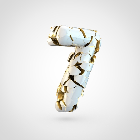 Cracked number 7. 3D render cracked white font with golden texture inside isolated on white background.の写真素材