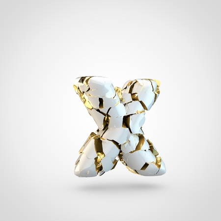Cracked letter X lowercase. 3D render cracked white font with golden texture inside isolated on white background.の写真素材