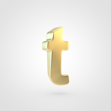 Golden letter T lowercase. 3D rendering of matted golden font isolated on white background.の写真素材
