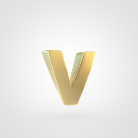 Golden letter V lowercase. 3D rendering of matted golden font isolated on white background.の写真素材