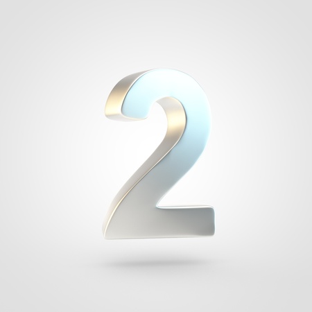 Silver number 2. 3D rendering of matted golden font isolated on white background.の写真素材