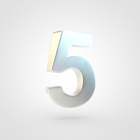 Silver number 5. 3D rendering of matted golden font isolated on white background.の写真素材