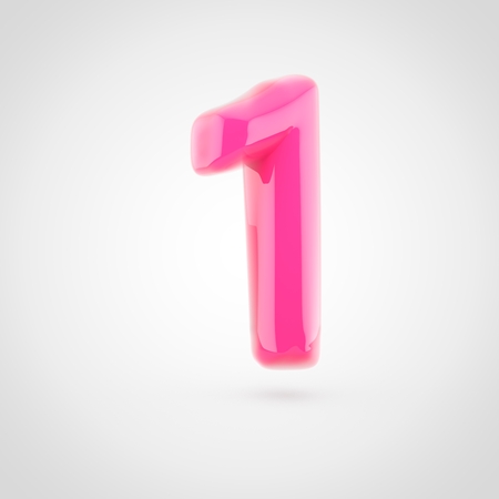 Pink number 1. 3D rendering of glossy pink font filled with soft light isolated on white background.の写真素材