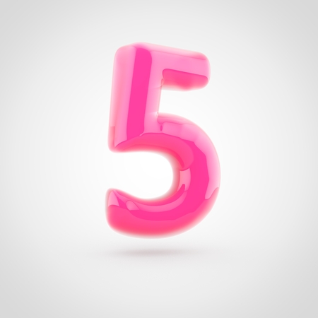 Pink number 5. 3D rendering of glossy pink font filled with soft light isolated on white background.の写真素材